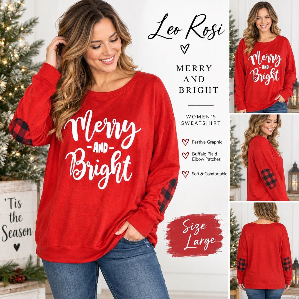 Leo Rosi Womens Christmas Sweatshirt Merry & Bright Red Buffalo Plaid Elbows NWT